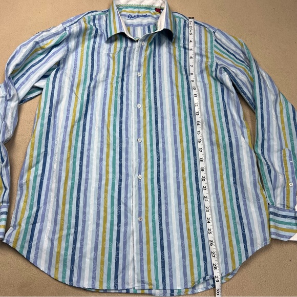 Robert Graham Shirt Men’s L / XL Blue Striped Long Sleeve Button Up Cotton Silk - Picture 2 of 10